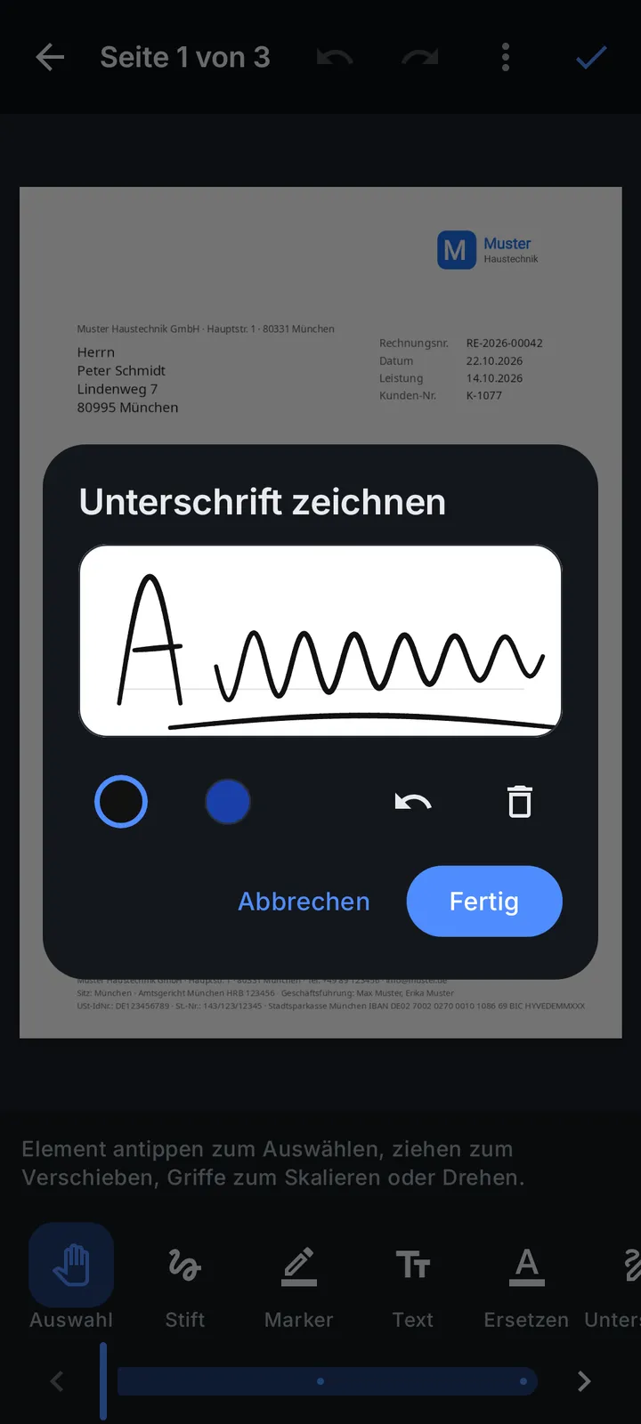 Drawing a signature in the app