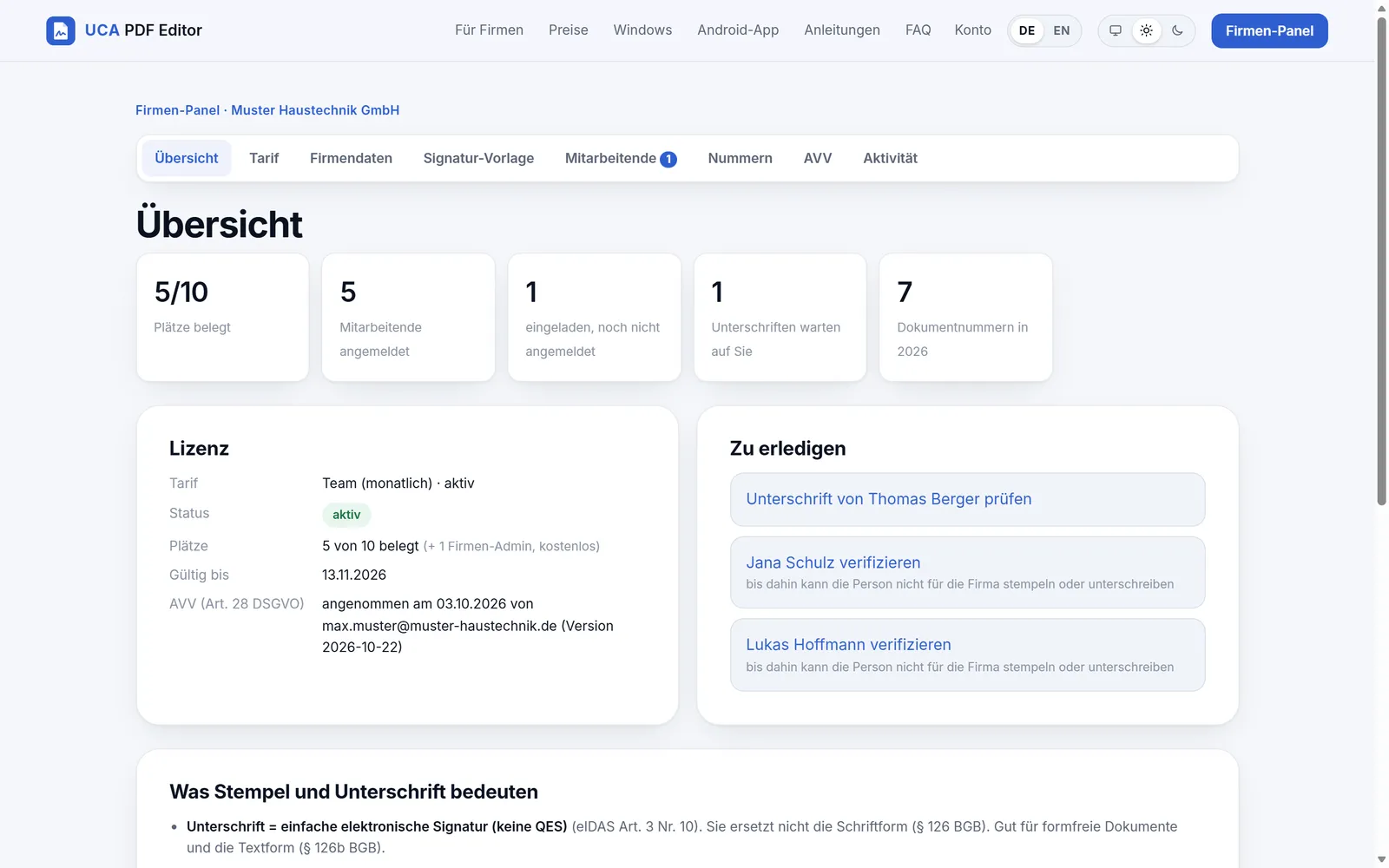 Übersicht im Firmen-Panel