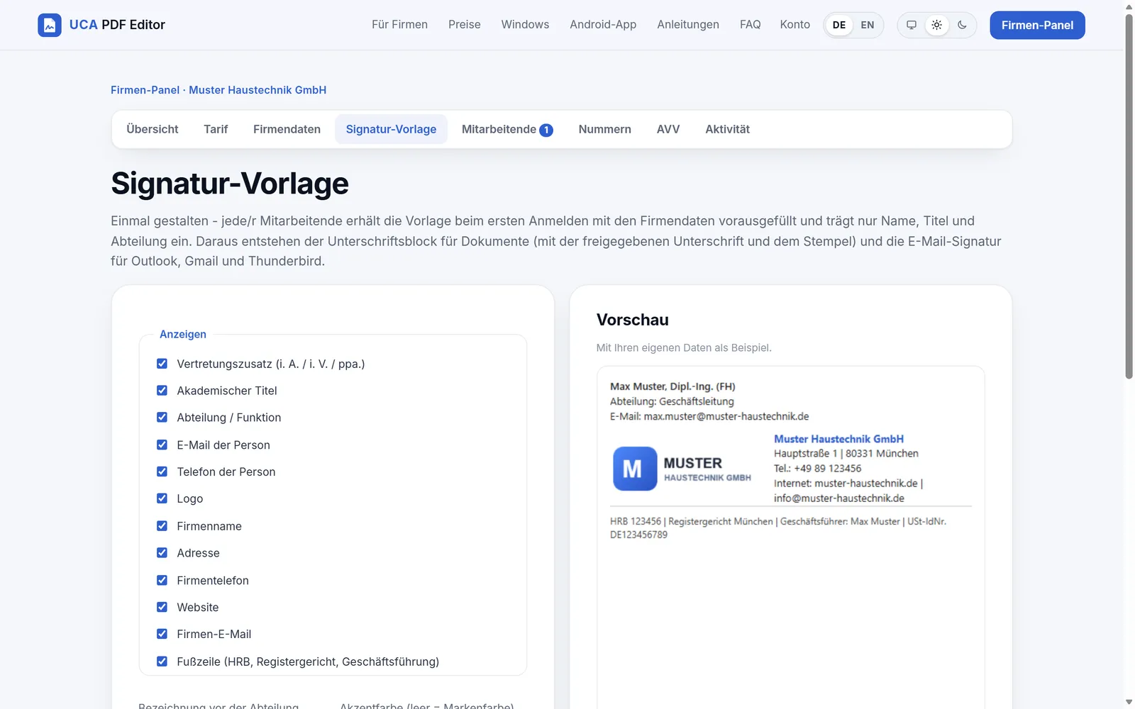 Signatur-Vorlage mit Live-Vorschau