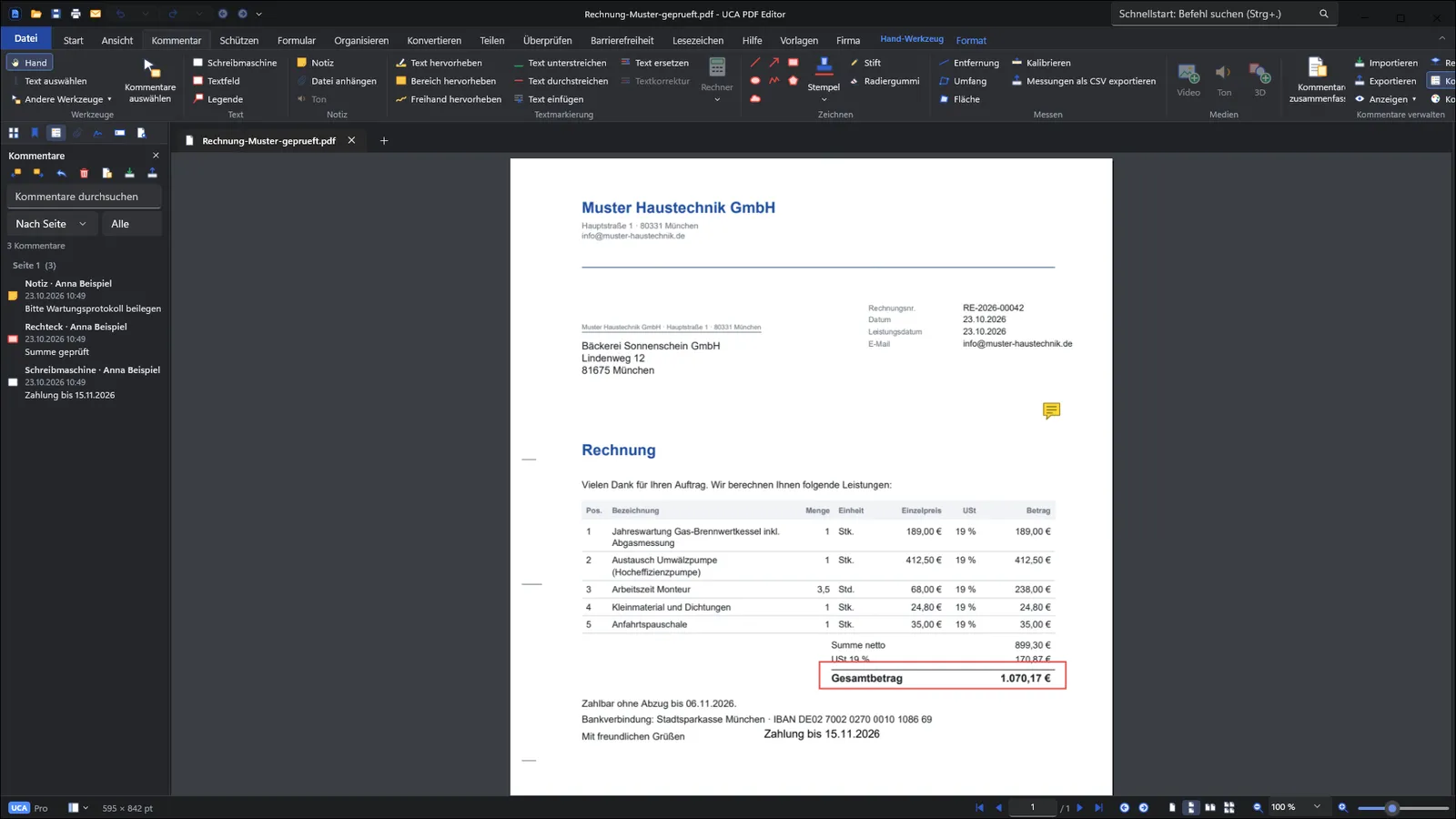 UCA PDF Editor für Windows mit einer Rechnung und Kommentaren