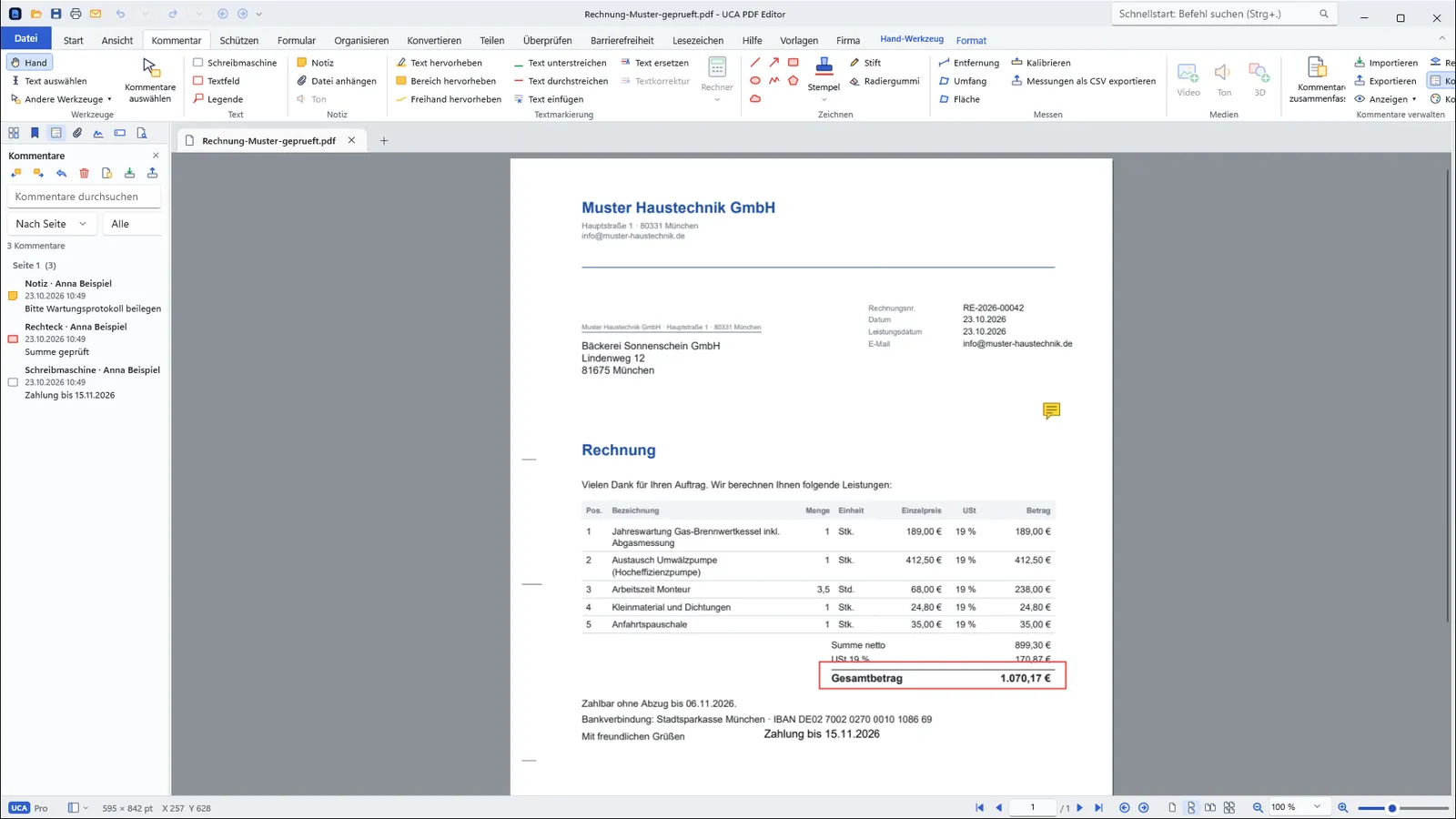 UCA PDF Editor für Windows mit einer Rechnung und Kommentaren